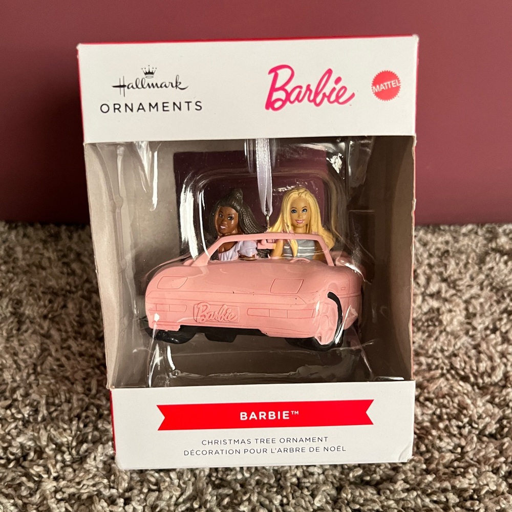 Hallmark Barbie & Friend Pink Convertible Ornament “Barbie in Car”